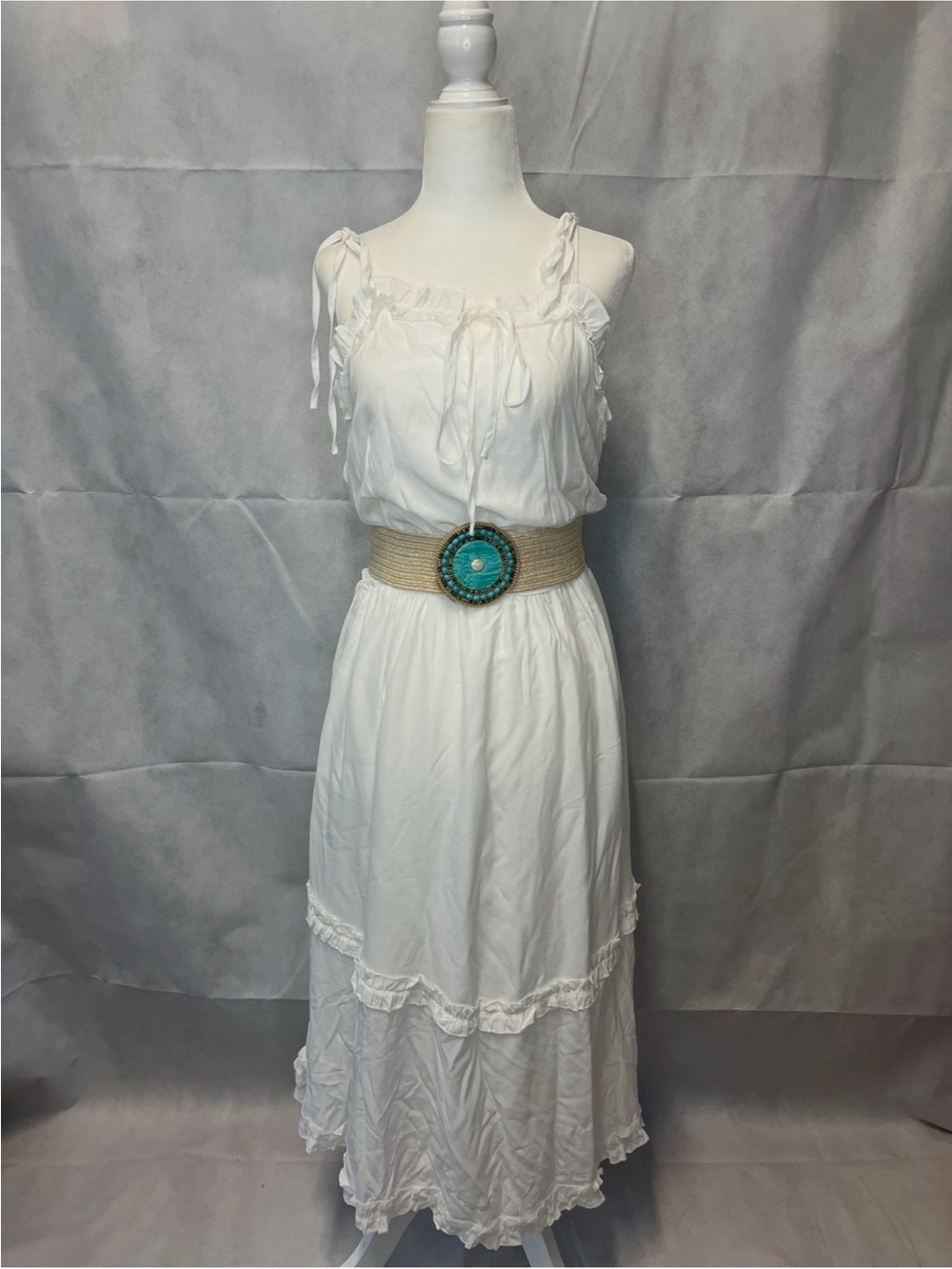 White Women's Tiered Maxi Skirt with Decorative Belt
